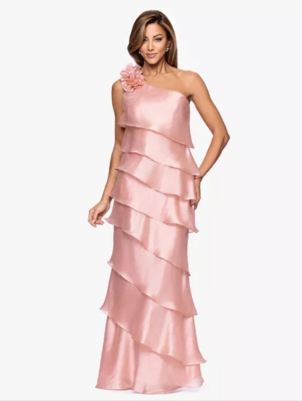 NWT XSCAPE Gold Metallic One Shoulder Tiered Ruffle Gown Size 4 Formal Evening